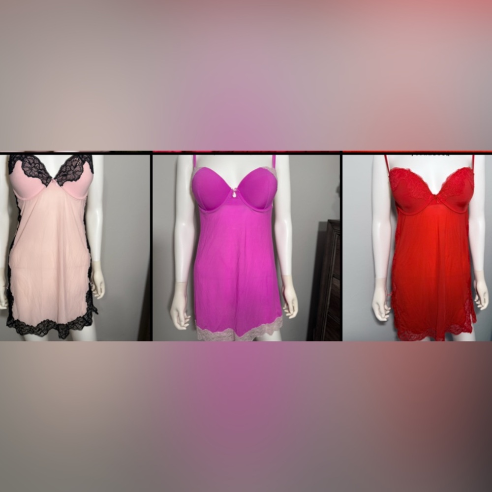 34D Set of 3 Victoria's Secret Chemise Lingerie Slips Lace Trim Fushia,Pink,Red